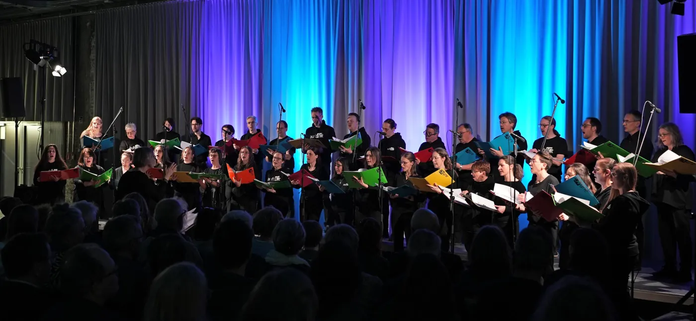 Der Chor auftACt bei einem Konzert vor blau beleuchtetem Vorhang, im Vordergrund das Publikum