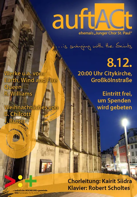 Plakat zum Konzert „auftACt is swinging with the Saints“ am 8. Dezember 2012: die Citykirche bei Nacht