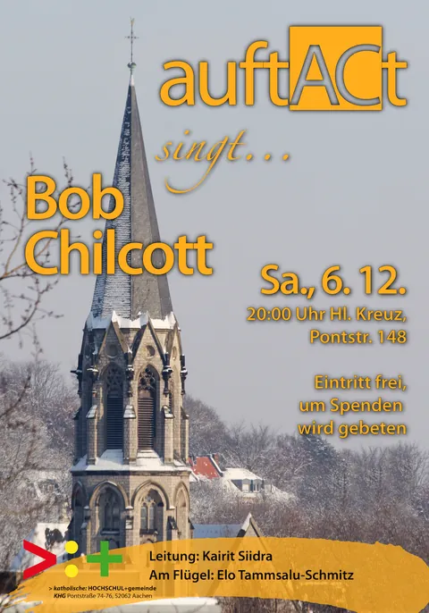 Plakat zum Konzert „auftACt singt Bob Chilcott“ am 6. Dezember 2014: verschneiter Kirchturm der Kirche Heilig Kreuz
