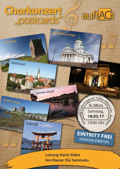 Plakat zum Chorkonzert „postcards“ am 18. März 2017: Postkarten mit Sehenswürdigkeiten aus Irland, Finnland, Estland, Frankreich, Schweden, Schottland und Japan