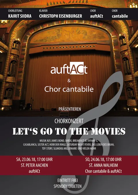 Plakat zum Chorkonzert „Let’s go to the movies“ am 23. und 24. Juni 2018: Kinosaal mit Vorhang