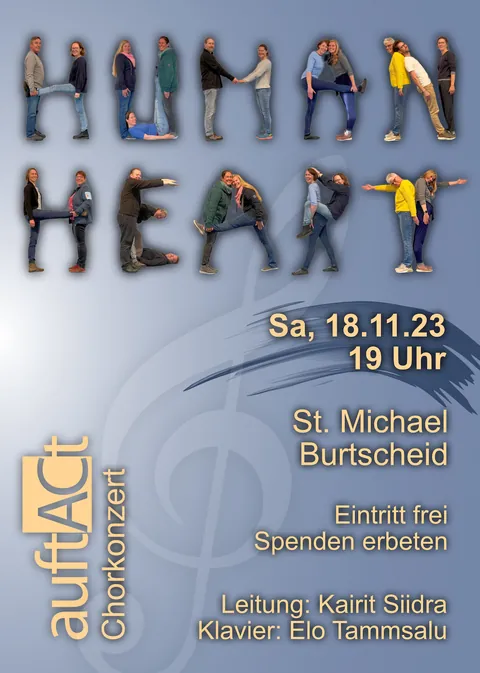 Plakat zum Chorkonzert „Human Heart“ am 18. November 2023: Chormitglieder bilden mit ihren Körpern die Buchstaben des Titels