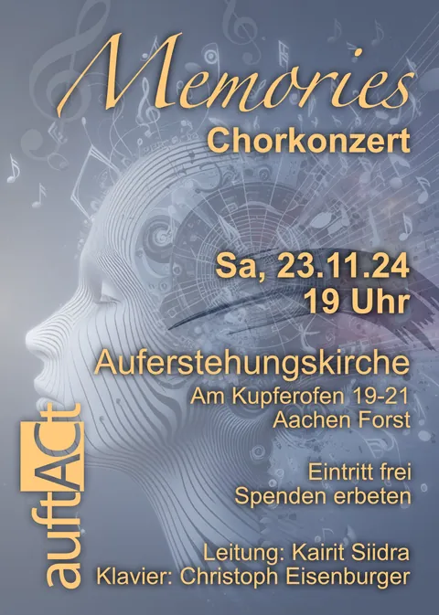 Plakat zum Chorkonzert „Memories“ am 23. November 2024: Profil eines Gesichts, aus dem Noten aufsteigen