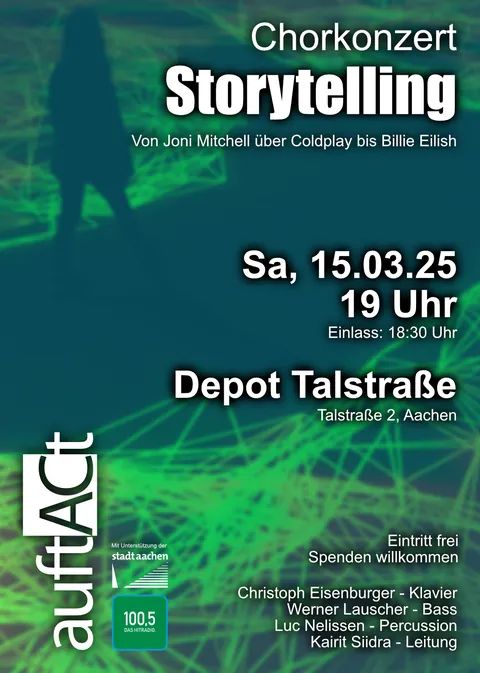 Plakat zum Chorkonzert „Storytelling“ am 15. März 2025: grünes Liniengeflecht mit dunkler Silhouette
