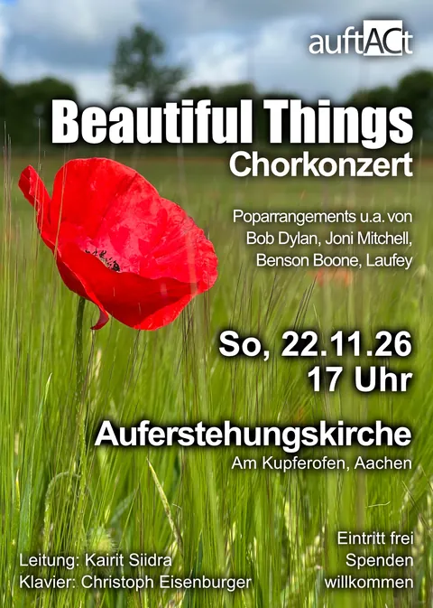 Plakat zum Chorkonzert „Beautiful Things“ am 22. November 2026: eine rote Mohnblume auf einer Wiese